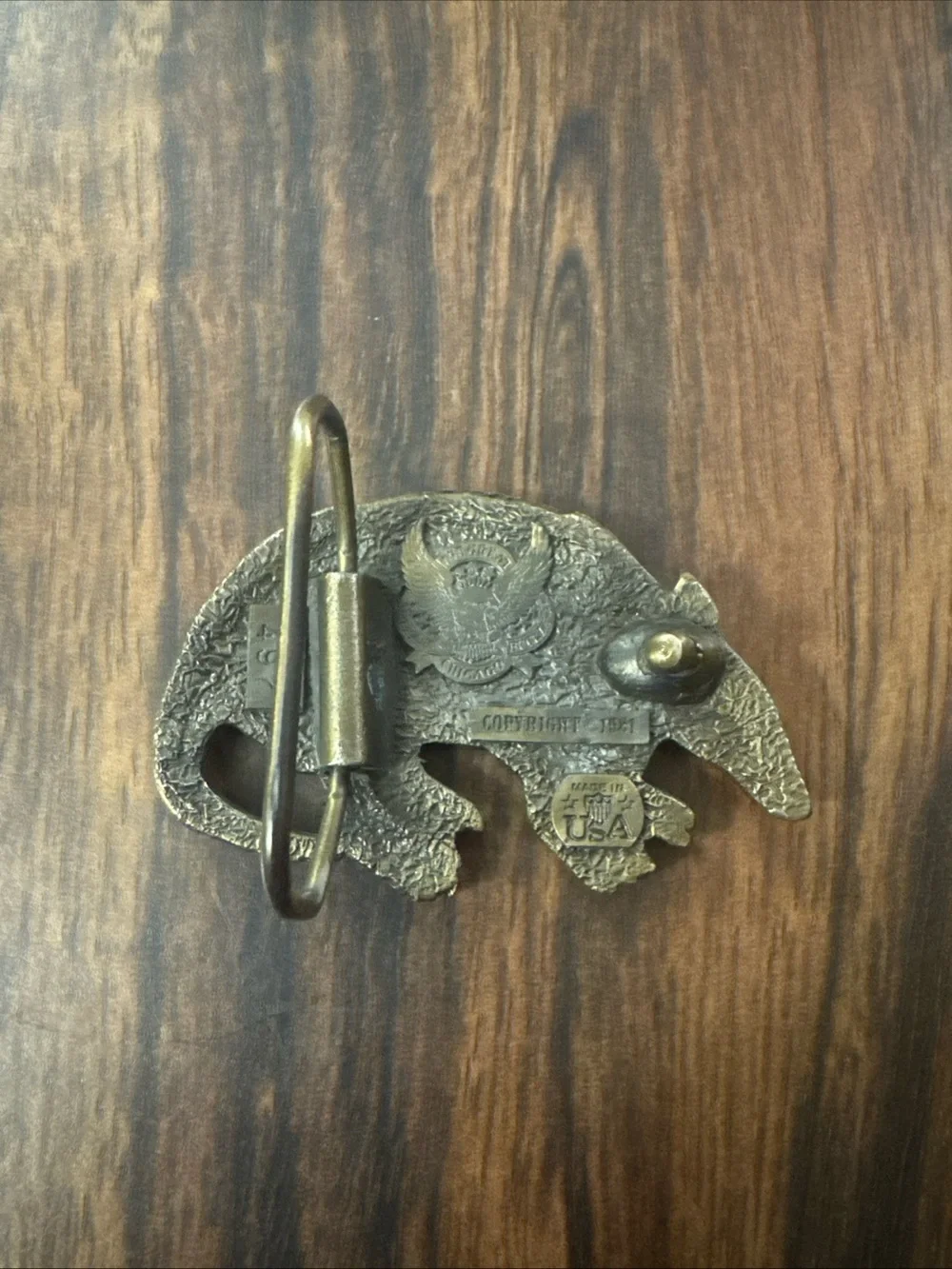Vintage Brass Armadillo belt buckle USA 1981 3”